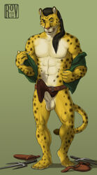 1boy 2012 5_fingers abs anthro athletic balls belt black_hair brown_fur brown_nose cheetah claws clothing cum_through_clothes erection feline front_view full-length_portrait fur hair inner_ear_fluff kyyanno licking licking_lips loincloth long_hair looking_at_viewer male male_only mammal melee_weapon multicolored_fur navel pecs penis plantigrade ponytail portrait rov sai_(weapon) seductive simple_background solo spots standing tenting tied_hair toe_claws tongue tongue_out undressing watermark weapon white_fur yellow_fur