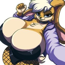 1girls 5_fingers anthro bedroom_eyes big_breasts blonde_hair breasts buckteeth bunny bunny_girl busty choker cleavage clothed clothing countershade_torso countershading cream_fur eyelashes female female_only fishnet_legwear fishnets floppy_ears furry half-closed_eyes head_tilt head_tuft high-angle_view jacket lagomorph leotard looking_at_viewer lop_ears neck_tuft oc orange_body orange_fur original_character picothetrap platinum_blonde_hair purple_eyes rabbit rabbit_girl scut_tail selfie selfie_pose snout solo tail thick_thighs