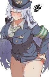 1girls after_sex ak-15_(girls'_frontline) armband big_breasts blush breasts closed_eyes closed_mouth clothing cum cum_drip feet_out_of_frame female female_only girls'_frontline girls'_frontline_2:_exilium grey_hair hat jacket large_breasts long_hair necktie panties partially_clothed police_hat police_uniform policewoman sweat sweatdrop voymastina_(girls'_frontline_2)