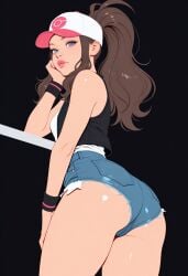 1girls ai_generated ass ass_focus baseball_cap brown_hair hilda_(pokemon) long_hair nintendo pokemon tagme