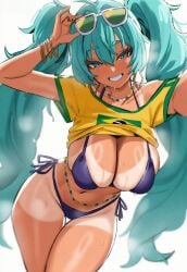 1girls ai_generated aqua_hair big_breasts bikini brazilian_miku female female_only hatsune_miku huge_breasts looking_at_viewer tan_body tan_skin vocaloid yuneillusts