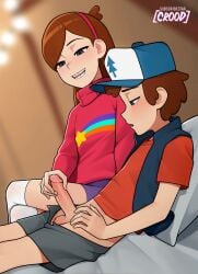 1boy 1girl black_eyes blush braces brother_and_sister dipper_pines gravity_falls grin handjob hat highres incest long_hair loodncrood mabel_pines penis short_hair siblings smile thighhighs uncensored white_thighhighs
