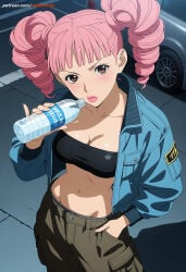1girls ai_generated blush blush_lines blushing breasts brown_eyes brown_pants clothed clothing detailed_background deviantart_link eyelashes female female_only frown fully_clothed jacket light-skinned_female light_skin lipstick looking_at_viewer medium_breasts medium_hair miwako_sakurada pants paradise_kiss pink_blush pink_eyebrows pink_hair pink_lips solo straight_bangs street tagme thin_eyebrows twintails twirling_hair vehicle water_bottle watermark
