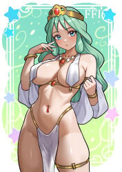 1girl blue_eyes blush breast_curtains breasts commentary copyright_name english_commentary final_fantasy final_fantasy_i gradient_background green_hair headpiece highres jewelry large_breasts loincloth long_hair looking_at_viewer navel navel_piercing necklace parted_lips patreon_username pelvic_curtain piercing redjet sarah_(ff1) solo standing star_(symbol) thigh_strap