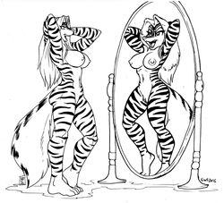 2016 altered_reflection anthro armpits breasts collaboration eric_schwartz feline female fluffy fluffy_tail fur hands_behind_head hybrid mammal max_blackrabbit mirror monochrome navel nipples nude open_mouth pussy sabrina_online simple_background skunk solo standing striped_fur striped_tail stripes tiger webcomic white_background zig_zag