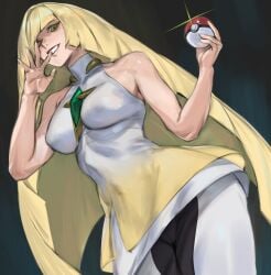armpit_peek big_boobs big_breasts blonde blonde_female blonde_hair boobs breasts cameltoe dress enargeia green_eyes large_boobs large_breasts long_hair looking_at_viewer looking_down low-angle_view lusamine_(pokemon) nipple_bulge nipples nipples_visible_through_clothing pokeball pokemon pokemon_sm taiyang_yu tight_clothing tights