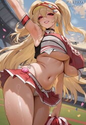 1girl ai_generated arm_up armband armpits belt black_choker blonde_hair blue_sky blush breasts cheering cheerleader cheerleader_outfit cheerleader_uniform choker clay_(nikke) clothing cloud crop_top crop_top_overhang day duxvector earrings female from_below goddess_of_victory:_nikke grin hair_between_eyes hair_ornament hairclip highleg holding holding_pom_poms huge_breasts jewelry large_breasts long_hair looking_at_viewer makeup microskirt midriff miniskirt mole navel outdoors panties pantsu pleated_skirt pom_pom_(cheerleading) red_armband red_eyes red_lips red_skirt side-tie_panties single_earring skirt sky smile solo stadium standing stomach sweat thick_thighs thighs twintails two_side_up underboob underwear very_long_hair visor_cap whistle whistle_around_neck white_belt white_panties