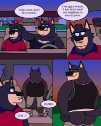 absurd_res annoyed anthro black_body black_clothing black_outline black_shirt black_tank_top black_topwear bottomwear bottomwear_pull brother_(lore) brothers_(lore) brown_bottomwear brown_clothing brown_pants butt canid canine canis car_interior clothing clothing_pull collared_shirt comic dialogue domestic_dog duo eddicus edgar_(eddicus) eyebrows facial_hair fur grey_bottomwear grey_clothing grey_shorts headpat hi_res husky inside_vehicle jockstrap joel_(eddicus) looking_back male male/male mammal muscular muscular_male mustache nordic_sled_dog outdoor_nudity outline overweight pants polo_shirt red_clothing red_shirt red_topwear shirt shorts shorts_pull sibling_(lore) smile smirk speech_bubble spitz sunset tail tan_body tan_fur tank_top thick_eyebrows topwear underwear undressing