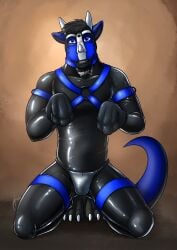 2020 absurd_res animal_mask anthro begging begging_pose black_clothing black_hair black_latex black_skinsuit black_tail blue_collar blue_eyes blue_harness blue_tail chastity_belt chastity_device clothed clothing collar dated dragon fangs front_view hair harness hi_res hufnaar kneeling latex latex_clothing latex_skinsuit looking_at_viewer male male_anthro mask mythological_creature mythological_scalie mythology open_mouth pose pup_mask scalie short_hair simple_background skinsuit solo tail teeth tight_clothing wearing_chastity_belt wearing_chastity_device wearing_mask