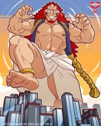 bara beard buildings facial_hair foot giant_male horns leomon32 long_hair macro macro_male macrophilia male male_only muscles muscular red_hair right_(yomi_no_tsugai) solo solo_male yomi_no_tsugai