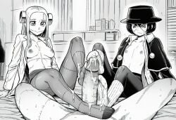 1boy 2girls ai_generated black_and_white bolts breasts clothed clothes clothing coat cum cum_on_feet cum_on_leg cumdrip double_footjob ejaculation female flat_chest footjob franken_fran hat long_hair madaraki_fran madaraki_veronica male manga_style medium_breasts monster_girl nipples open_coat open_shirt paigen pantyhose patchwork_skin penis pov scar shirt short_hair skirt socks stitches zombie zombie_girl
