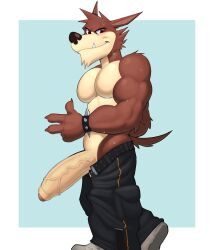 2026 abs alternative_fashion anthro atlus belt biceps big_penis bodily_fluids bottomwear bottomwear_down bracelet canid canine canis clothed clothing decker erection fleshformomo footwear foreskin fur genitals gesture glans go!_go!_hypergrind hand_gesture hi_res humanoid_genitalia humanoid_penis jewelry looking_at_viewer male mammal muscular muscular_anthro muscular_male open_belt pants pants_down partially_clothed pecs penis punk red_body red_eyes red_fur sega sharp_teeth shoes side_view small_but_hung smile smiling_at_viewer solo spiked_bracelet spikes sweat tail tan_body tan_fur teeth toony underbite v_sign vein veiny_penis wolf