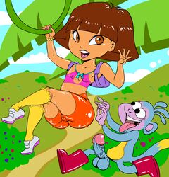 1girls absurd_res backpack bag balls bob_cut boots_the_monkey breasts brown_eyes brown_hair cameltoe clothed clothing dark-skinned_female dark_skin detailed_background dora_marquez dora_the_explorer duo erection female hair hi_res human ironcoin latina male mammal monkey nickelodeon nipple_bulge nipples open_mouth orange_shorts penis pose primate short_hair skimpy small_breasts teenager tight_clothing tongue tongue_out young