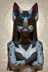 1girls ai_generated anthro_female black_hair dog_girl female generation_3_pokemon gray_fur long_hair nina_(scorpianpp) orange_eyes original_character pokemon pokemon_(species) poochyena scorpianpp self_upload stable_diffusion