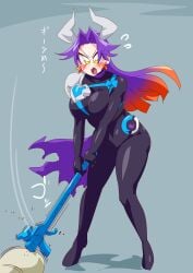 angry blush bodysuit breasts earrings genderswap horn horns kamen_rider kamen_rider_buffa kamen_rider_geats_(series) otokam1117 purple_hair rule_63 thighs tokusatsu weapon