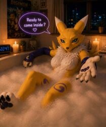 ai_generated bathing bathroom chatgpt digimon fox_girl renamon yellow_body yellow_fur