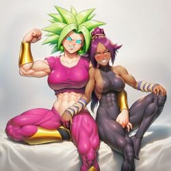 2girls abs ai_generated black_clothing bleach blush cameltoe clothed_female dark-skinned_female dark_skin dragon_ball female female/female female_only fingering flexing_bicep gold_eyes green_hair kale kefla muscles muscular muscular_female pink_clothing ponytail purple_hair shihouin_yoruichi sitting smile tight_clothing vagina yoruichi_shihouin yuri