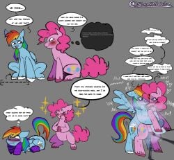 balls blue_body blue_eyes blush bodily_fluids clothing dialogue duo english_text equid equine female friendship_is_magic genitals gynomorph hair hasbro hi_res hooves horse intersex intersex/female legwear mammal multicolored_hair musk my_little_pony nervous nervous_smile nervous_sweat pink_body pink_hair pinkie_pie_(mlp) pony purple_eyes rainbow_dash_(mlp) rainbow_hair sex sleepyrabidz speech_bubble sweat tail text thigh_highs wings