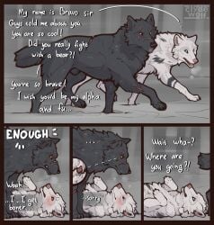 2026 animal_genitalia blush canid canine canis claws clyde_wolf digital_drawing_(artwork) digital_media_(artwork) duo english_text feet feral fur genitals hi_res lying male mammal on_back outside scar sheath standing tail teeth text toes tongue wolf