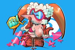 1girls anthro artist_name bare_shoulders beak bikini bikini_top_only blue-tinted_eyewear blue_background blue_outline blush body_fur bra breasts brown_gloves brown_pants closed_mouth clothes_pull clothing collarbone cowboy_shot english_text female finger_to_mouth flashing fur-trimmed_gloves furry furry_female gloves goggles half-closed_eye half-closed_eyes hand_up hands_up happy index_finger_raised large_breasts leaning_forward linda_maltinie long_hair looking_at_viewer mkmaffo mole mole_on_breast navel nipples no_shirt one_breast_out one_eye_closed open_mouth orange_hair pants pasties pink_bra pointy_ears pulled_by_self red_gloves scrunchie shiny_skin shushing sideways_mouth simple_background skirt snowboard_kids solo speech_bubble spoken_heart standing stomach sweat swimsuit talking tinted_eyewear twintails two-tone_fur underwear undressing white_outline wide_hips yellow_fur