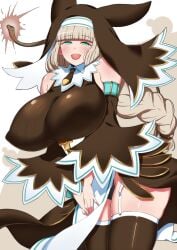 1girls aqua_eyes blonde_hair bomber_girl bombergirl breasts castlevania_(series) female female_only garter_straps highres huge_breasts komusou_(jinrikisha) nipple_bulge nun ponytail ribbed_fabric rocket_breasts sepia_belmont solo tagme thighhighs thighs