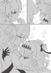 bare_shoulders blush braid braided_sidelocks breast_sucking commentary denia_(wuthering_waves) green_eyes hair_ribbon highres multiple_girls ribbon shadow_hands sidelocks sigrika_(wuthering_waves) untranslatable_commentary veil wuthering_waves yuri zero_3b