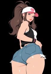 1girls ai_generated ass ass_focus ass_hanging_out ass_hanging_out_of_shorts baseball_cap booty_shorts brown_hair hilda_(pokemon) long_hair nintendo pokemon short_shorts shorts tagme