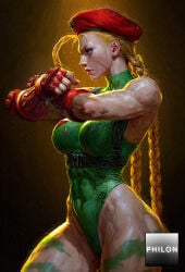 1girls abs ahoge ai_generated antenna_hair beret biceps blonde_hair blue_eyes bodypaint braid breasts cammy_white camouflage chest_harness clenched_hand covered_abs covered_navel cowboy_shot fingerless_gloves from_side gloves green_leotard harness hat highleg highleg_leotard impossible_clothes large_breasts leotard lips long_hair looking_to_the_side muscular muscular_female nose philon profile red_gloves red_headwear scar scar_on_cheek scar_on_face skin_tight solo stable_diffusion standing street_fighter sweat thick_thighs thighs turtleneck twin_braids very_long_hair