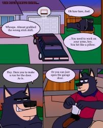 absurd_res anthro balls basketball_hoop black_body black_clothing black_outline black_shirt black_tank_top black_topwear bottomwear briefs brother_(lore) brothers_(lore) building canid canine canis car car_interior clothing collared_shirt comic dare dialogue domestic_dog driveway eddicus edgar_(eddicus) eyebrows facial_hair foreskin fur genitals grey_bottomwear grey_clothing grey_shorts hi_res house husky inside_vehicle joel_(eddicus) male male/male mammal muscular muscular_male mustache nordic_sled_dog outdoor_nudity outline overweight penis polo_shirt pubes red_clothing red_shirt red_topwear shirt shorts sibling_(lore) smile smirk speech_bubble spitz tan_body tan_fur tank_top thick_eyebrows tighty_whities topwear underwear vehicle white_briefs white_clothing white_underwear