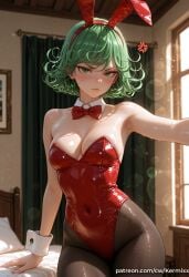 1girl ai_generated anger_vein animal_ears arm_support armpits bangs bare_shoulders bed bedroom black_pantyhose blurry blush bow bowtie breasts cleavage closed_mouth covered_navel cowboy_shot curly_hair curtains detached_collar earrings fake_animal_ears green_eyes green_hair hairband highleg highleg_leotard indoors jewelry kermixx leotard lips looking_at_viewer medium_breasts on_bed one-punch_man outstretched_arm pantyhose playboy_bunny rabbit_ears red_bow red_bowtie red_leotard shiny shiny_clothes shiny_skin short_hair solo strapless strapless_leotard sweat tatsumaki window wrist_cuffs