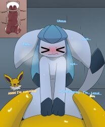 >_< >~< abdominal_bulge absurd_res blue_body blue_eyes blush bodily_fluids butt butt_grab cervical_penetration cervix cowgirl_position crystal cum cum_in_vagina cum_inside duo ears_down eeveedream_(artist) eeveelution eeveelution_squad english_text eyes_closed feet female feral first_person_view from_front_position fur fur_markings generation_1_pokemon generation_4_pokemon genital_fluids genitals glaceon hand_on_butt hi_res humor impregnation joke jolteon knot lazuli_(eeveelution_squad) lightning_bolt looking_pleasured male male/female markings nintendo on_bottom on_top penetration penile penile_penetration penis penis_in_vagina pivoted_ears pokemon pokemon_(species) purple_eyes sex speed_(eeveelution_squad) steam straddling sweat sweatdrop tail tears text thrusting toes tongue vaginal vaginal_penetration vulva x-ray_view yellow_body