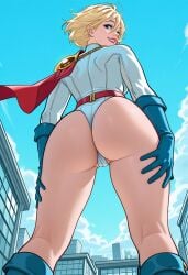 1girls ai_generated alien alien_girl alien_humanoid ass ass_focus blonde_hair blue_eyes dc dc_comics kryptonian power_girl short_hair solo solo_female superhero superheroine superman_(series)