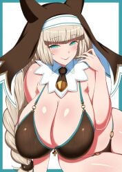 1girls aqua_eyes big_breasts blonde blonde_female blonde_hair blunt_bangs bombergirl cleavage female female_only komusou_(jinrikisha) nun_hat sepia_belmont shiny_skin smile smiling solo white_background