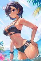 1girls ass beach bikini black_bikini black_hair cleavage curvy curvy_figure dark-skinned_female dark_skin emma_(pokemon) female female_only matiere_(pokemon) matiere_(pokemon_legends:_z-a) on_beach pokemon pokemon_legends:_z-a short_hair solo thighs water yomizu_(rdad3278)