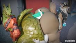 3boys 3d 3d_(artwork) anthro ass ass_smothering between_ass big_ass blender butt_sandwich diorenders eating_ass epic_games face_on_ass fortnite furry guns huge_ass hybrid_(fortnite) hyper_ass lizzard male male/male video_game_character wendell_(fortnite) wolf
