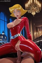 1boy 1girl ai_generated blonde_hair blue_eyes blush bodysuit breasts breasts_outside clover_(totally_spies) girl_on_top ground_vehicle hetero hi_res high_quality high_resolution large_breasts latex motor_vehicle nipples patreon patreon_username penis pussy seductive sex sexy shiny short_hair solo_focus spicytoonai straddling uncensored unzipped watermark zipper