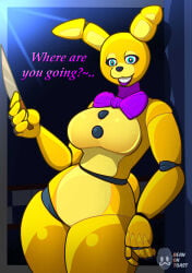 2026 2d 2d_(artwork) 2d_artwork animatronic animatronic_female artist_logo artist_name beanontoast big_breasts blue_eyes breasts bunny bunny_ears dialogue female female_only five_nights_at_freddy's genderswap genderswap_(mtf) knife robot robot_girl rule_63 solo spring_bonnie_(fnaf) thick_thighs william_afton