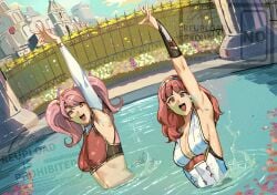 2girls adapted_costume alternate_costume arm_up bush castle celica_(fire_emblem) cleavage cleavage_cutout columns dancing fence fire_emblem fire_emblem_echoes:_shadows_of_valentia flowers headband intelligent_systems large_breasts long_hair long_sleeves looking_at_viewer mae_(fire_emblem) matching_poses midriff multicolored_swimsuit multiple_girls navel nintendo one-piece_swimsuit open_mouth outdoors partially_submerged performance pink_eyes pink_hair pool posing red_eyes red_hair sideboob smiling splashing swimming swimming_pool swimsuit synchronized_swimming twintails two-piece_swimsuit water watermark wrist_cuffs yusi_vishnu