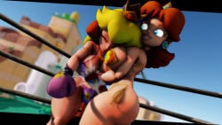 2girls 3d 3d_(artwork) big_breasts big_thighs bikini blonde_hair blue_eyes boxing boxing_gloves boxing_ring breasts catfight cleavage clinch closed_eyes crown curvy duo earrings female female_focus female_only fight fighting fighting_ring flower_earrings ginger_hair gloves gut_punch half-closed_eyes kabalmystic_(style) large_breasts lips lipstick long_hair mario_(series) nintendo open_mouth orange_bikini orange_boxing_gloves orange_gloves outdoors pink_bikini pink_boxing_gloves pink_gloves pink_lipstick princess_daisy princess_peach punch punching punching_stomach ryona shoulder_length_hair stomach_punch thick thick_hips thick_thighs thighs wide_hips