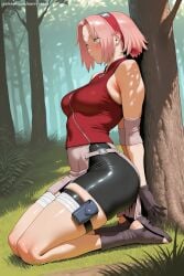 1girl ai_generated bandaged_leg bandages belt bike_shorts black_footwear black_shorts blush boots boruto:_naruto_next_generations breasts forehead_protector forest gloves grass green_eyes hairband haruno_sakura hi_res high_heels high_quality high_resolution looking_at_viewer medium_breasts nature outdoors patreon pink_hair sakura_haruno savvyraexo seductive sexy short_hair sitting sleeveless solo tree uncensored watermark