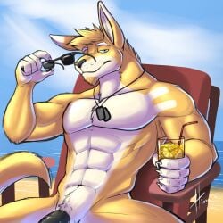 1:1 2020 abs anthro beach beverage black_nose black_penis blonde_hair blue_eyes blue_sky chair claws dated finger_claws food front_view fruit fur furniture genitals hair hi_res holding_beverage holding_object hufnaar jewelry kangaroo lemon looking_at_viewer macropod male male_anthro mammal marsupial mouth_closed muscular muscular_anthro muscular_male narrowed_eyes necklace nude on_chair outside pecs penis penis_base plant seaside short_hair sitting sitting_on_chair sky solaxe solo spread_legs spreading white_body white_fur yellow_body yellow_fur