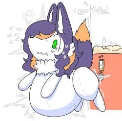!? artist_request belly_expansion funny furry green_eyes inflation joke_art living_object living_plushie simple_background stuffed_animal stuffed_toy stuffing stuffing_(material) stuffing_machine worried_expression