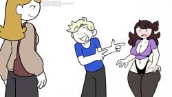 1boy 2girls artist_self-insert bag black_panties black_pants blonde_hair blue_shirt blush breasts brown_bag brown_hair cleavage closed_eyes clothing crop_top cropped_shirt english_text fang female finger_gun flat_color highleg highleg_panties huge_breasts jaiden jaiden_(jaiden_animations) jaiden_animations jaidenanimations large_breasts leggings long_hair lowleg_pants medium_breasts midriff multiple_girls navel open_mouth orange_hair panties pants panty_straps pointing pointing_at_another purple_shirt segmented_comic sexually_suggestive sexy sexy_pose shirt short_sleeves shoulder_bag simple_background skin_fang smile steca style_parody sweater thelazyart thick thick_legs underwear white_background wide_hips youtube youtuber youtuber_character youtuber_girl youtubers