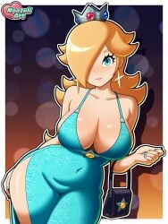 1girl absurdres aqua_dress aqua_nails artist_name bag bare_shoulders big_breasts blonde_hair blue_dress blue_eyes blush blushing border breasts cleavage clothed clothed_female collarbone commentary covered_navel crown date date_night dating dress earrings english_commentary female female_only hair_over_one_eye handbag highres holding holding_bag human jewelry large_breasts light-skinned_female light_blush light_skin long_dress long_hair looking_at_viewer mario_(series) nintendo nyazuliart outside_border princess_rosalina purse rosalina shiny_skin side_slit silver_crown smile solo star_earrings thicker_than_a_bowl_of_oatmeal thighs three-quarter_portrait white_border