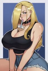 ai_generated between_breasts big_breasts blonde_hair blue_eyes bubble_tea casual female female_only fullmetal_alchemist fullmetal_alchemist_brotherhood hereticus huge_breasts olivier_mira_armstrong