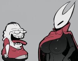 1boy 1boy1girl 1girls 2026 alternate_breast_size big_breasts black_eyes black_skin bulging_eyes cape cloak colored_skin covered_nipples curvy curvy_female curvy_figure drooling fat_male female from_side grey_background gryazyuka88 half-closed_eyes height_difference high_collar hollow_knight hollow_knight:_silksong hollow_knight_(franchise) hornet_(hollow_knight) huge_breasts limited_palette long_tongue looking_at_another looking_at_breasts open_mouth partially_clothed red_cape short_male simple_background squinting surprised tongue_out twitter twitter_link v-shaped_eyes wide_eyed