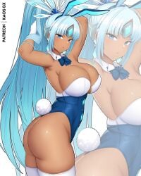 1girls adjusting_hair alternate_costume armor ass blue_eyes blue_hair bow bowtie bowtie_collar breasts bunny_ears bunny_tail bunnysuit collar colored curvy curvy_figure dark-skinned_female dark_skin fake_animal_ears fake_tail female female_only kaos_art large_ass large_breasts leggings leotard looking_at_viewer monolith_soft nintendo perun_(xenoblade) ponytail revealing_clothes tagme thick_thighs thighs xenoblade_(series) xenoblade_chronicles_2