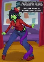 1girls angry angry_expression black_panties degradach emotional_bytes goblin goblin_female holy_grail_for_dummies pulling_down_pants sorrowcream tentacle text text_bubble unnamed_character