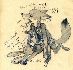 ambiguous_penetration anthro anvil_position black_and_white bottomless buckteeth canine closed_eyes clothed clothed_sex clothes clothing dialog disney duo english_text female fox judy_hopps kneeling lagomorph legs_up looking_pleasured lying male mammal monochrome necktie nick_wilde on_back open_clothes open_mouth open_shirt pants_down partially_clothed pencil_(artwork) penetration police_officer police_uniform rabbit saliva saliva_string scrunchy_face sex shirt straight talkie_walkie teeth text tongue tongue_out traditional_media_(artwork) tush uniform zootopia