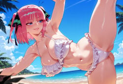 1girl 1girls ai_generated arm_up armpits ass_visible_through_thighs balecxi bangs bare_shoulders beach bikini black_ribbon blue_eyes blue_sky blunt_bangs blush bob_cut breasts butterfly_hair_ornament cleavage clothing cloud collarbone curvaceous curvaceous_female curvaceous_figure curvy curvy_figure day female female_focus frilled_bikini frills go-toubun_no_hanayome hair_ornament hair_ribbon inviting inviting_to_sex kneepits large_breasts leg_lift leg_up lips looking_to_the_side mountainous_horizon nakano_nino navel ocean outdoors outstretched_arms palm_tree pink_hair pink_lips presenting presenting_ass presenting_breasts presenting_hindquarters presenting_pussy presenting_self ribbon sand seductive seductive_look seductive_smile shiny_skin short_hair sky smile solo split standing standing_on_one_leg standing_split stomach strap_gap sweat swimsuit teeth thick_thighs thighs tree two_side_up voluptuous voluptuous_female water wet white_bikini